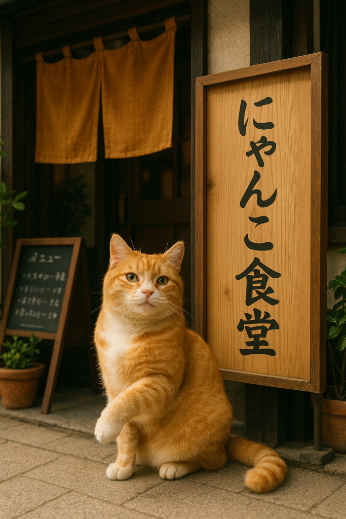 プロンプトは「にゃんこ食堂と書かれた看板の前でポーズをとる猫の写真を生成してください」by ChatGPT