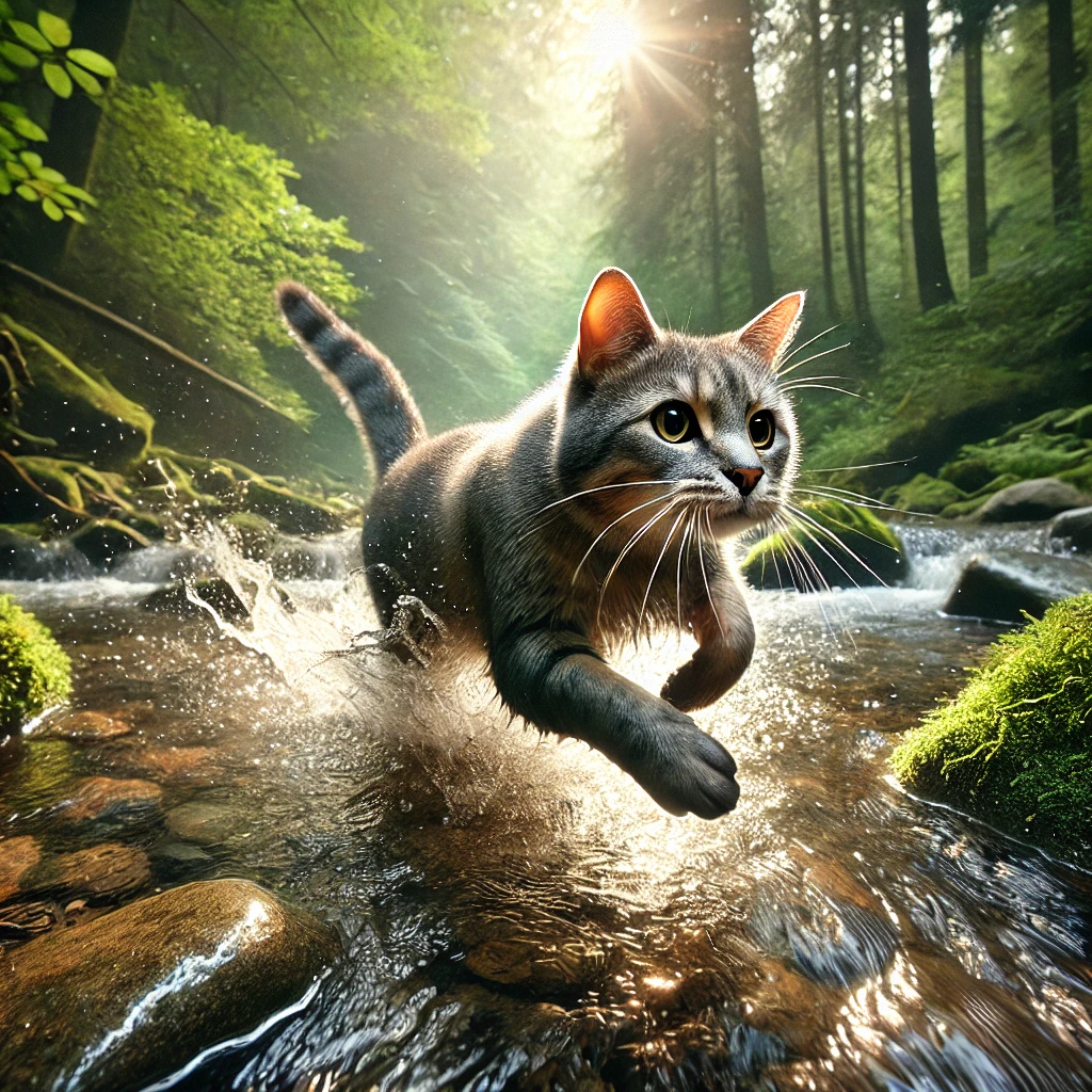 プロンプトは「水深の浅い小川を疾走する猫の写真を生成してください」by DALL-E