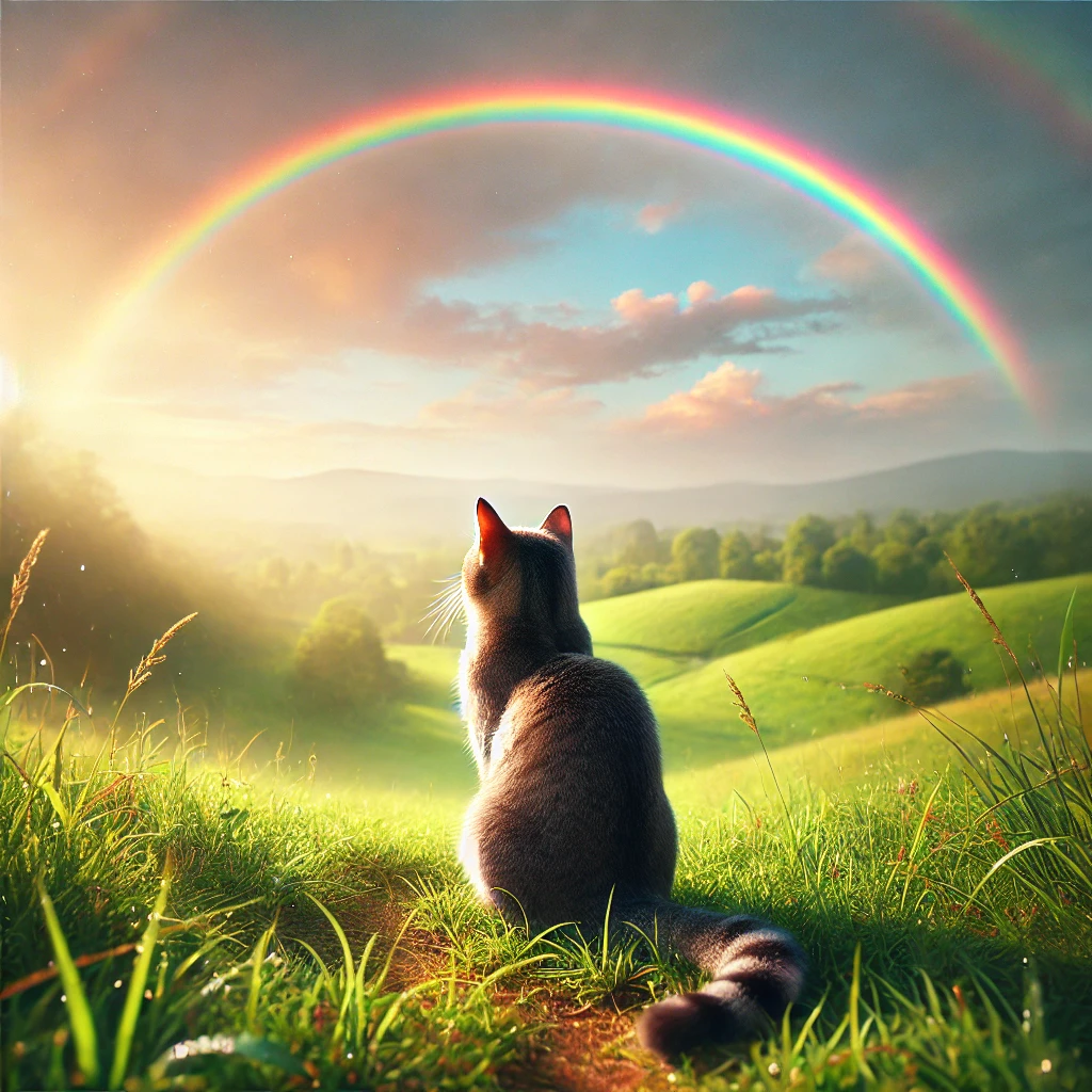 プロンプトは「草原で虹を見上げる猫の写真を生成してください」by DALL-E