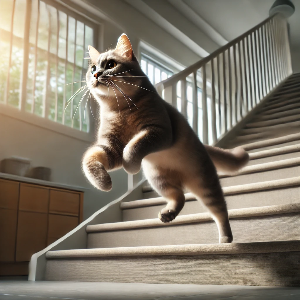 プロンプトは「階段を駆け上がる猫の写真を生成してください」by DALL-E