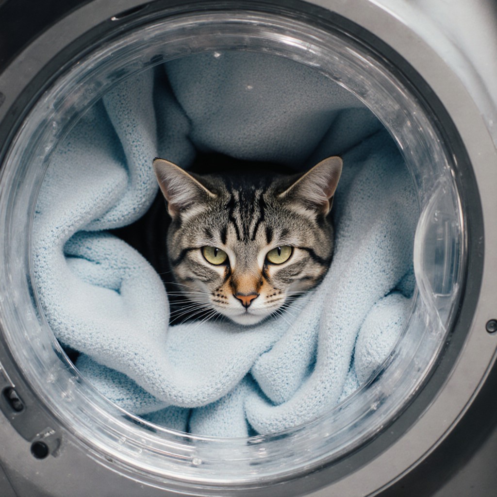 プロンプトは「洗濯物に埋もれた猫の写真を生成してください」by StableDiffusion