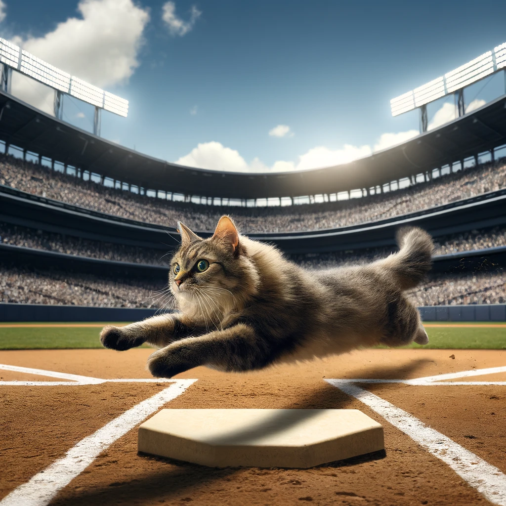 プロンプトは「野球のスタジアムでホームベースにすライティングする猫の写真を生成してください」by DALL-E