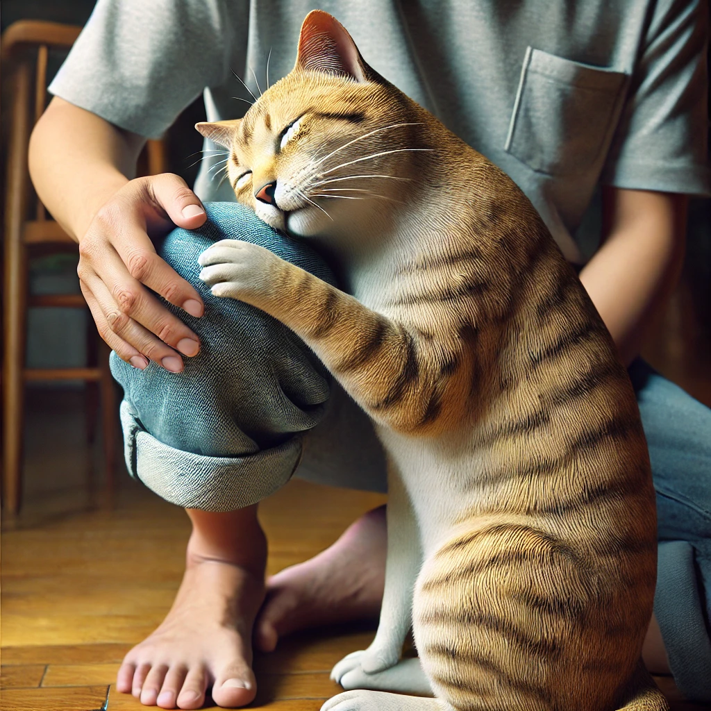 プロンプトは「飼い主の足にすりすりする猫の写真を生成してください」by DALL-E