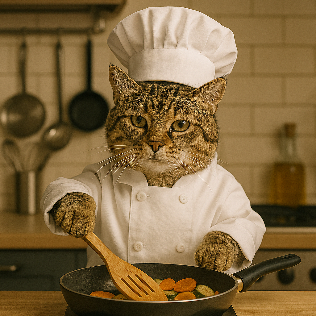 プロンプトは「シェフの格好をしてキッチンで調理をする猫の写真を生成してください」by ChatGPT