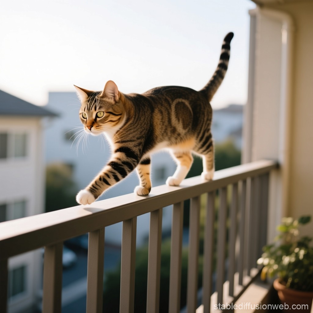 プロンプトは「ベランダの手すりの上でバランスをとりながら歩いている猫の写真を生成してください」by StableDiffusion