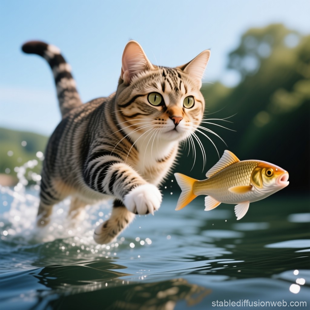 プロンプトは「魚を追う猫の写真を生成してください」by StableDiffusion