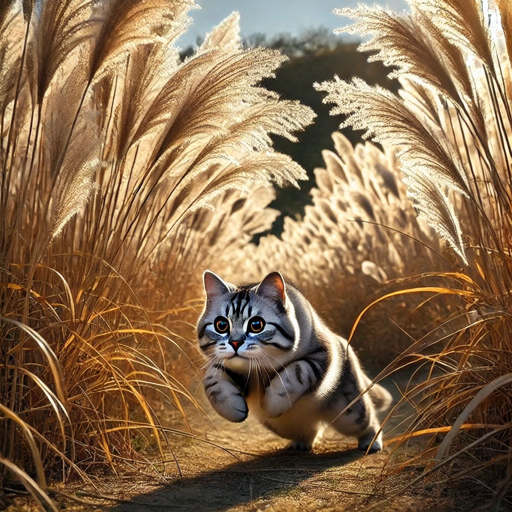 プロンプトは「すすき野を疾走する猫の写真を生成してください」by DALL-E
