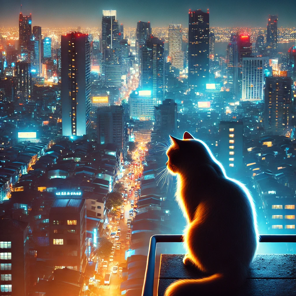 プロンプトは「ビルの屋上から夜景を眺める猫の写真を生成してください」by DALL-E