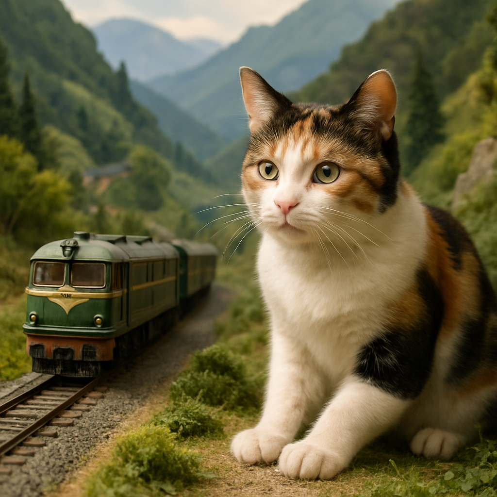 プロンプトは「山間を走る列車のジオラマにたたずむ猫の写真を生成してください」by ChatGPT
