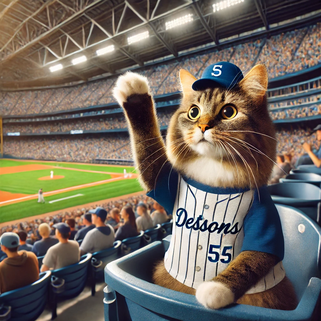 プロンプトは「スタジアムで野球の応援をする猫の写真を生成してください」by DALL·E