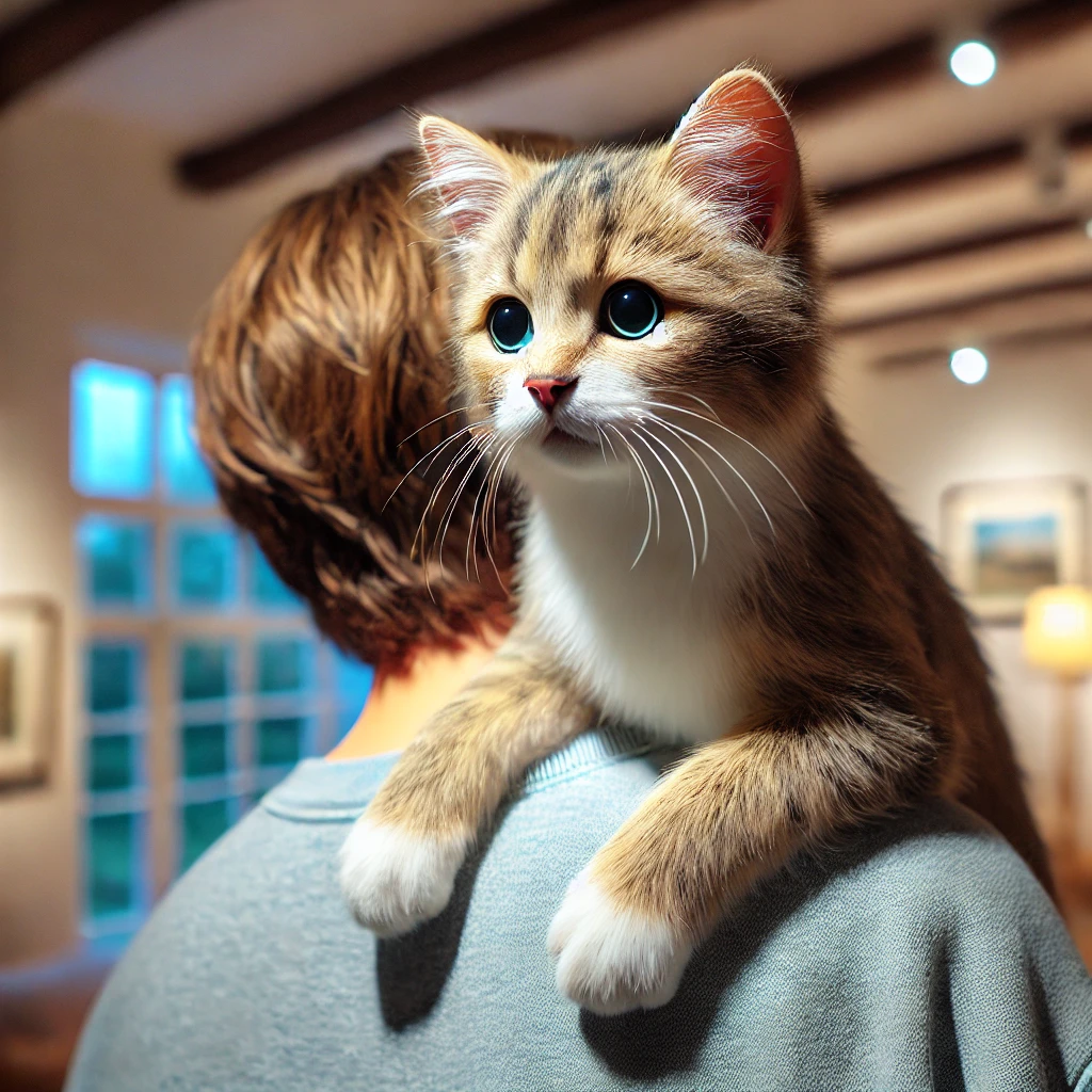 プロンプトは「飼い主の肩に乗った猫の写真を生成してください」by DALL·E