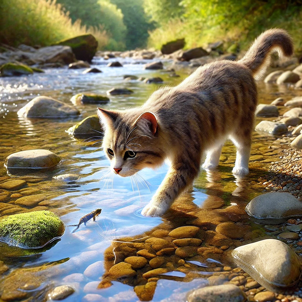 プロンプトは「魚を追う猫の写真を生成してください」by DALL·E