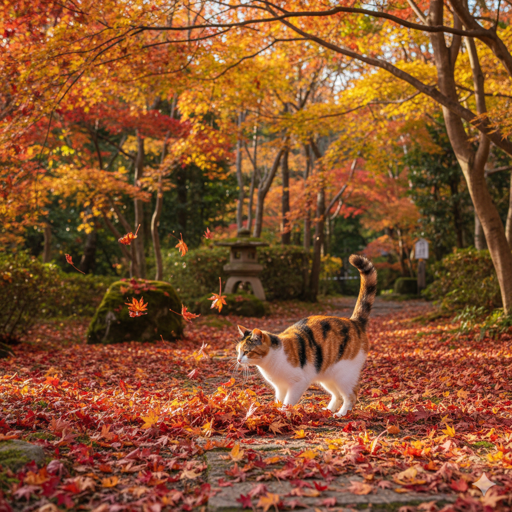プロンプトは「紅葉狩りをする猫の写真を生成してください」by Gemini