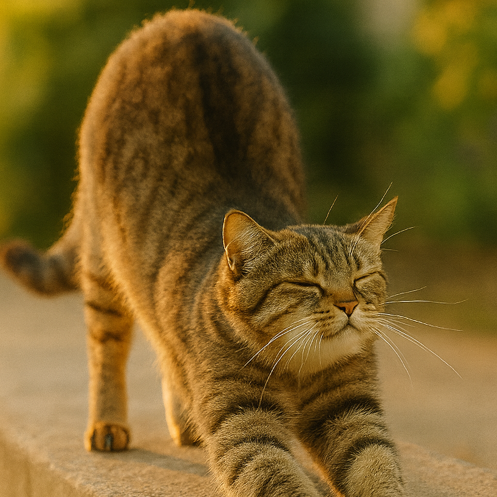 プロンプトは「背中を反らしてストレッチする猫の写真を生成してください」by ChatGPT