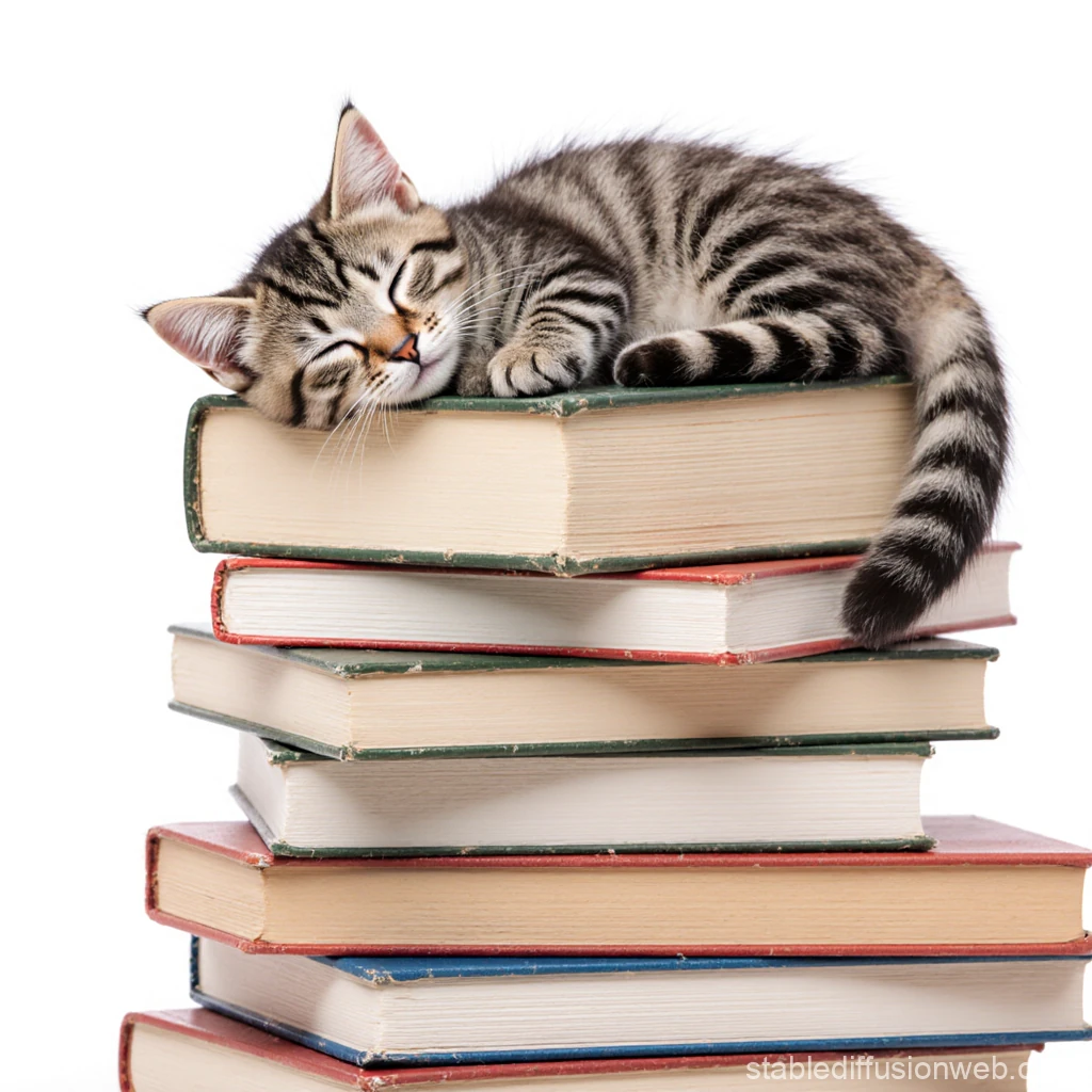 プロンプトは「綺麗に並んだ本の上で眠る子猫の写真を生成してください」by StableDiffusion