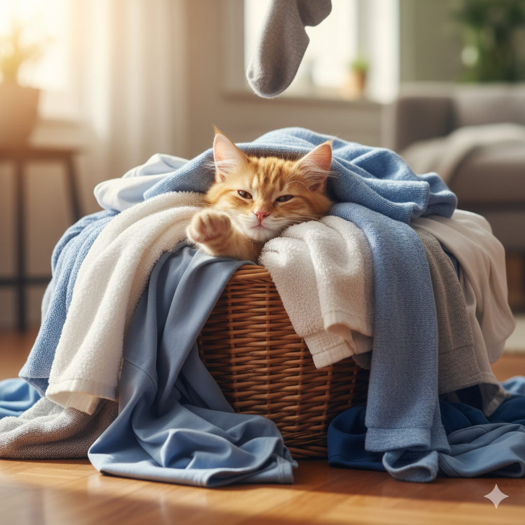 プロンプトは「洗濯物に埋もれた猫の写真を生成してください」by Gemini