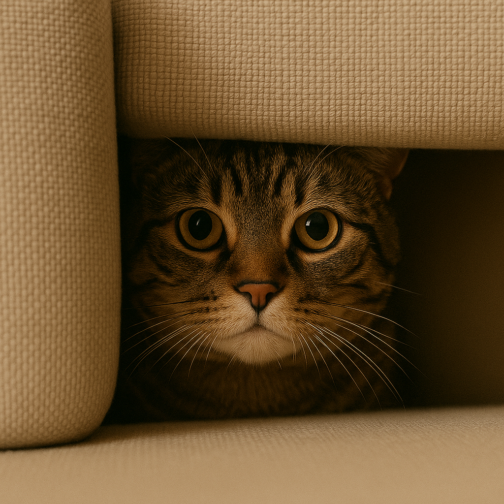 プロンプトは「ソファの隙間からこちらを見つめる猫の写真を生成してください」by ChatGPT