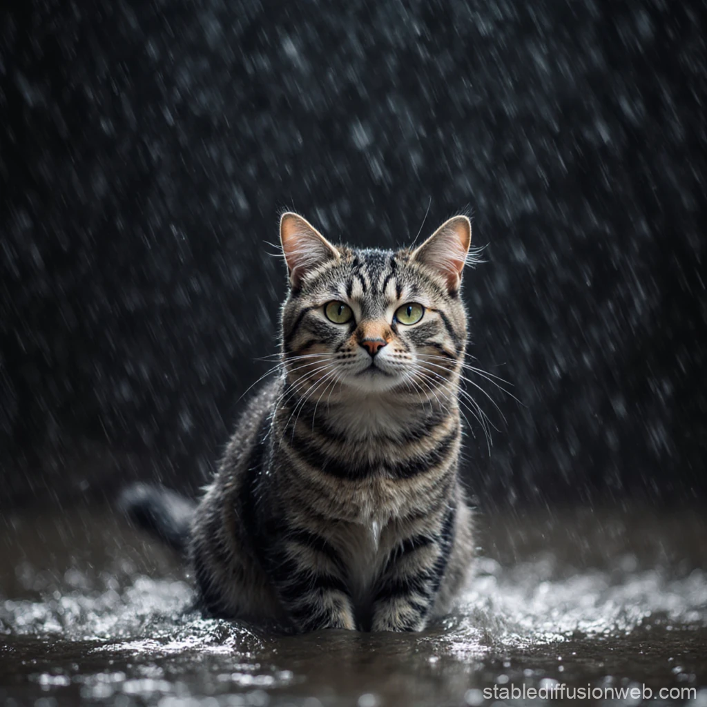プロンプトは「雨に濡れる猫の写真を生成してください」by StableDiffusion