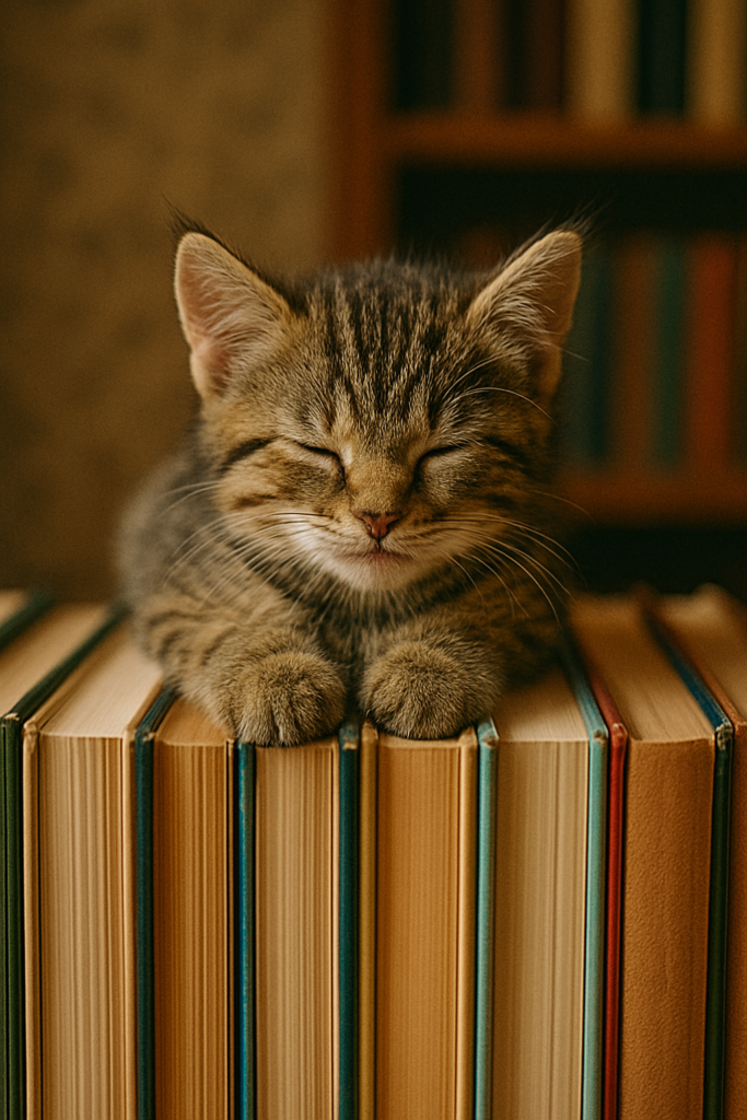 プロンプトは「綺麗に並んだ本の上で眠る子猫の写真を生成してください」by ChatGPT