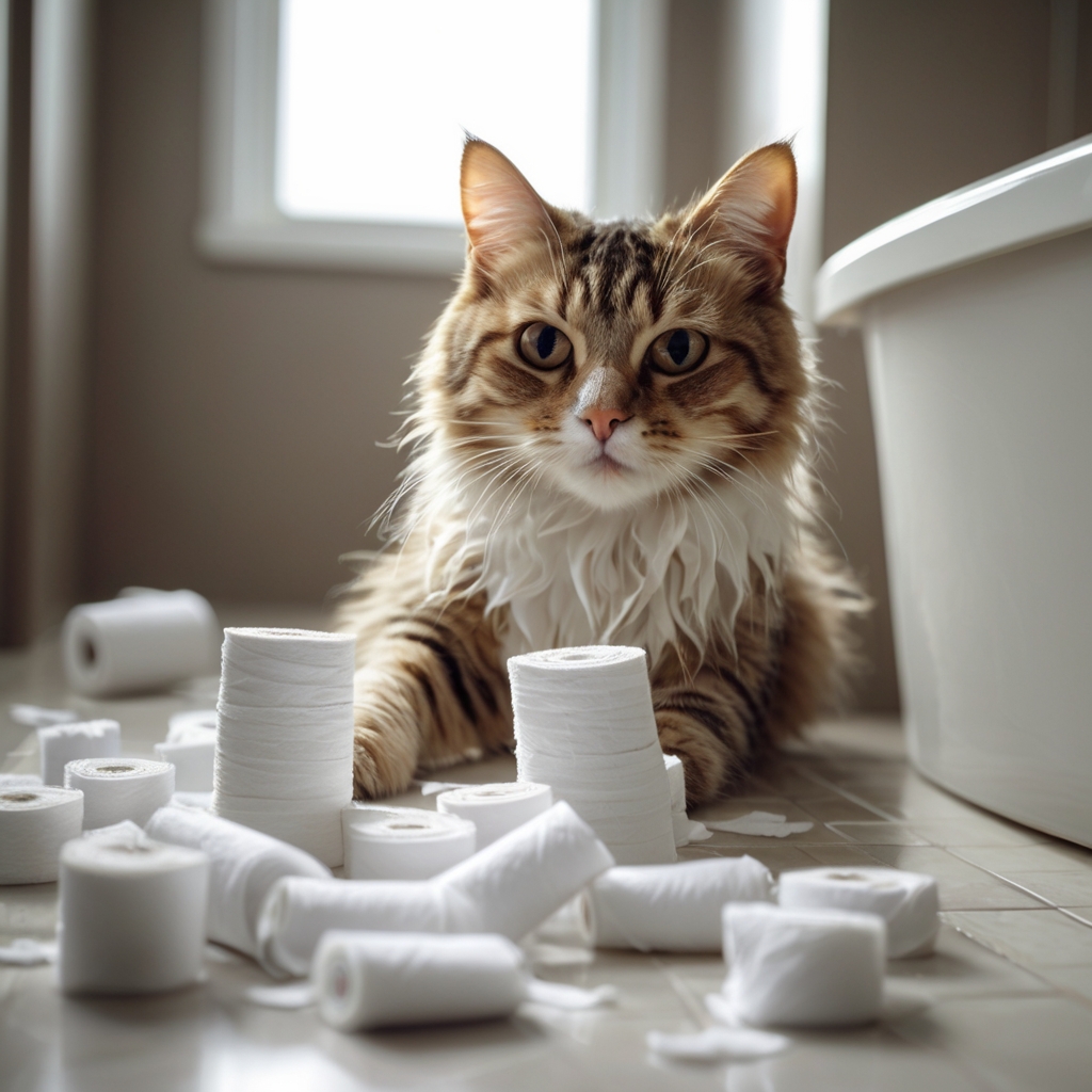 プロンプトは「トイレットペーパーを散らかして遊ぶ猫の写真を生成してください」by Leonardo AI