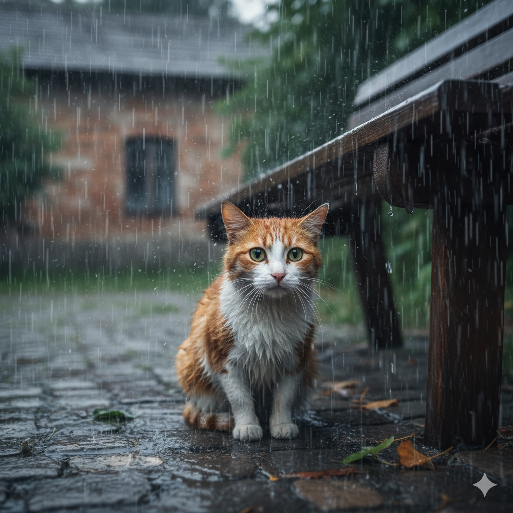 プロンプトは「雨に濡れる猫の写真を生成してください」by Gemini