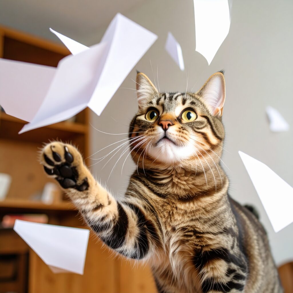 プロンプトは「ひらひらと舞う紙をつかもうとする猫の写真を生成してください」by Firefly