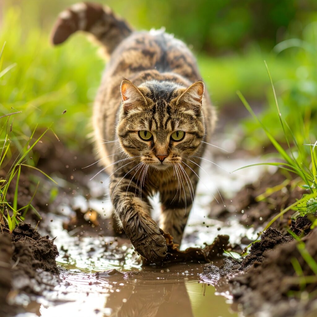 プロンプトは「外で遊んで泥だらけになった猫の写真を生成してください」by Firefly