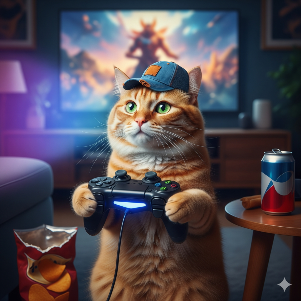プロンプトは「ゲームに熱中する猫の写真を生成してください」by Gemini