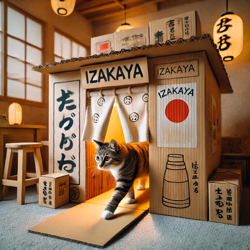 プロンプトは「ダンボールで作った居酒屋から出てくる猫の写真を生成してください」by DALL·E
