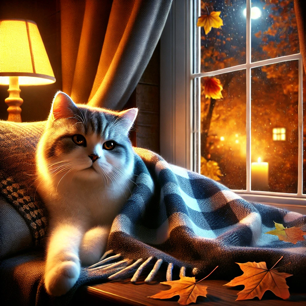 プロンプトは「秋の室内でくつろぐ猫の写真を生成してください」by DALL·E