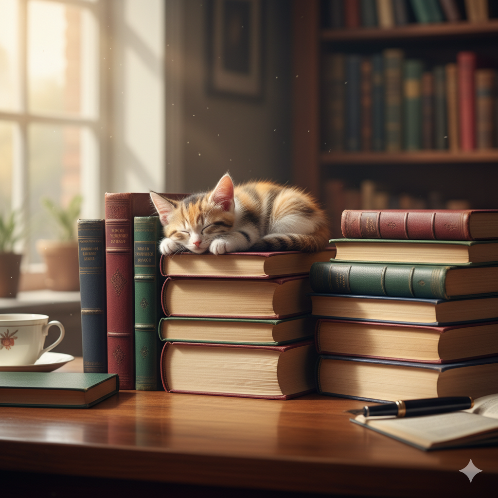 プロンプトは「本の上で眠る子猫の写真を生成してください」by Gemini