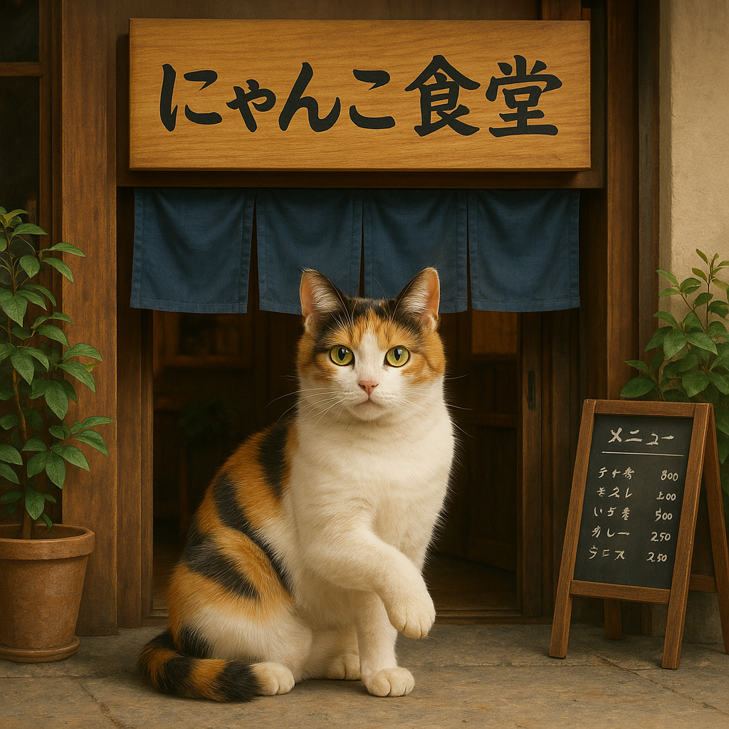 プロンプトは「にゃんこ食堂の前でポーズをとる猫の写真を生成してください」by ChatGPT