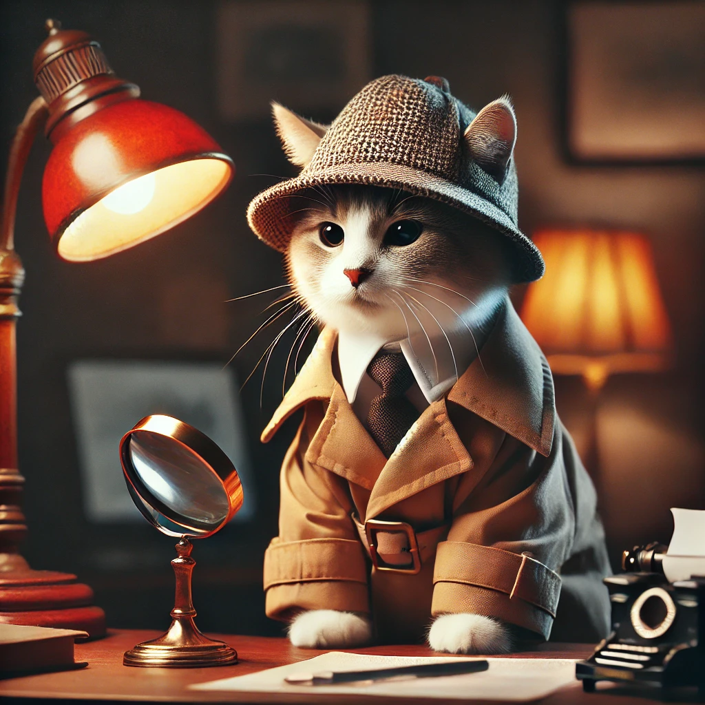 プロンプトは「探偵に扮した猫の写真を生成してください」by DALL·E